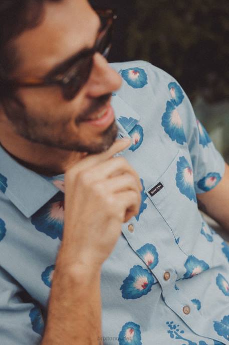 Men Brixton Dusty Blue/Pacific Blue/Coral Pink Charter Print S/S Woven Shirt Apparel
