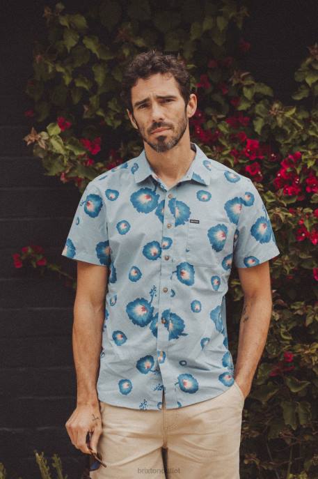 Men Brixton Dusty Blue/Pacific Blue/Coral Pink Charter Print S/S Woven Shirt Apparel