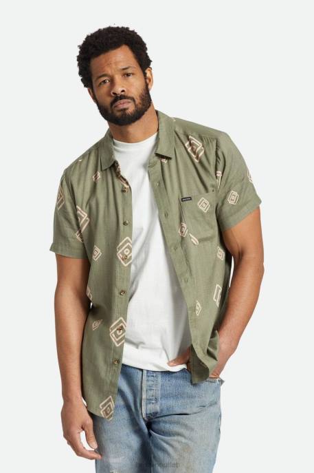 Men Brixton Olive Surplus/Coral Pink Charter Slub S/S Woven Apparel